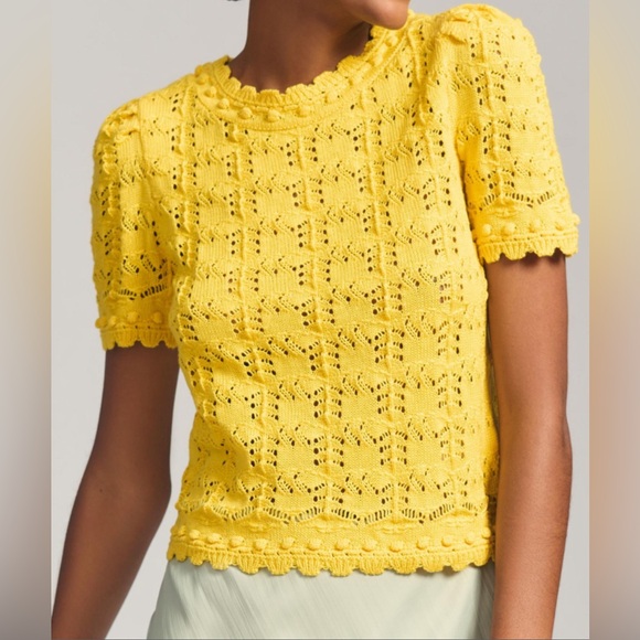 NWT Anthropologie Pointelle Sweater Scallop Hem Knit Maize Yellow Gold Size XL - Picture 5 of 13